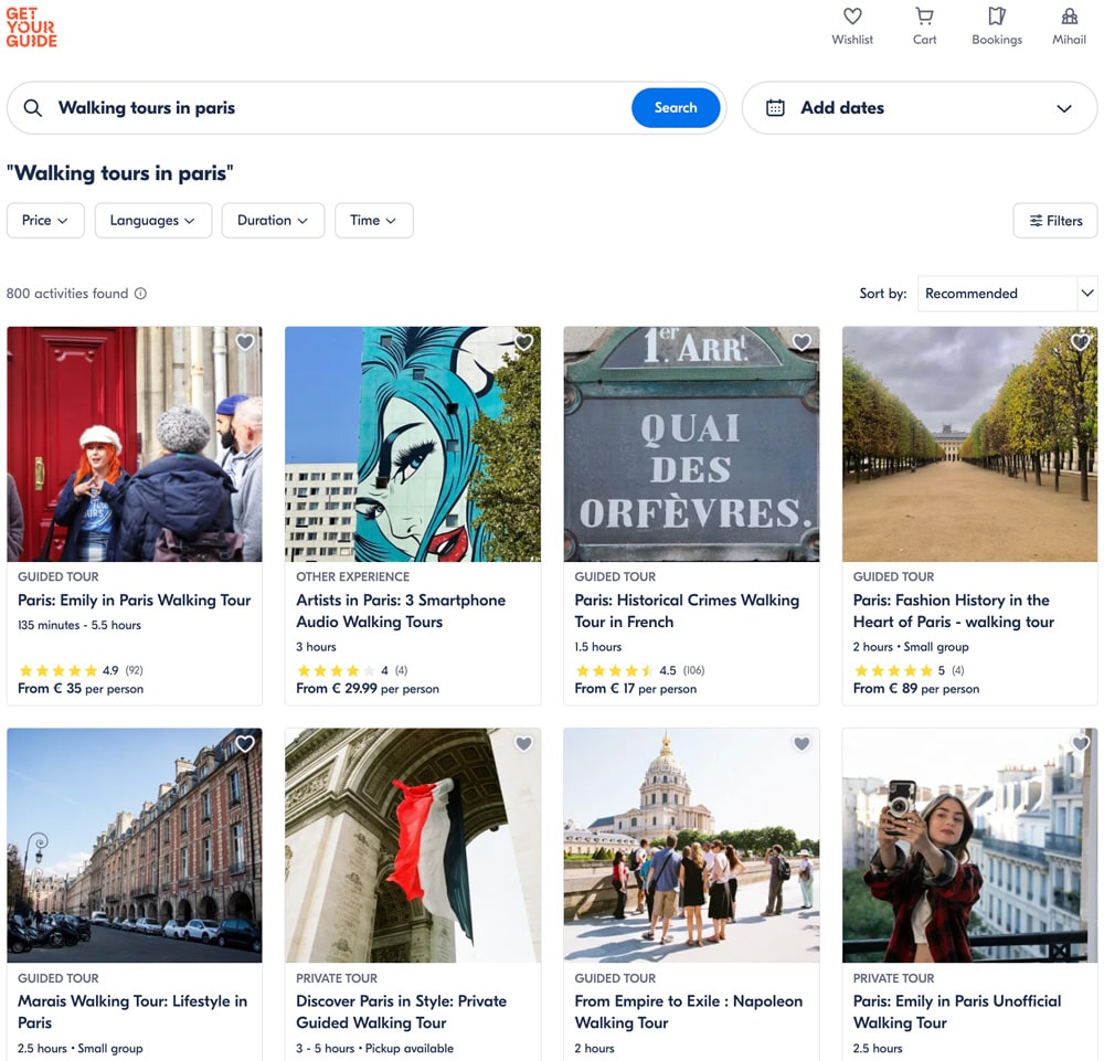 GetYourGuide UX of search feature. Text reads: 'Walking tours in paris'