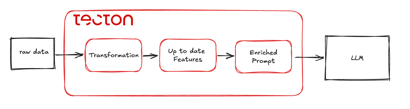 Flow chart showing how Tecton transforms raw data into LLM.